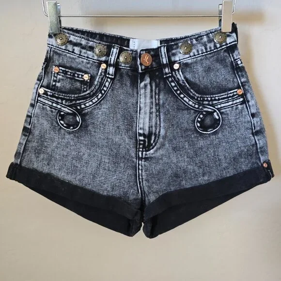 One Teaspoon Bandits Shorts 25 High Waist Western Acid Wash Black Gray Denim